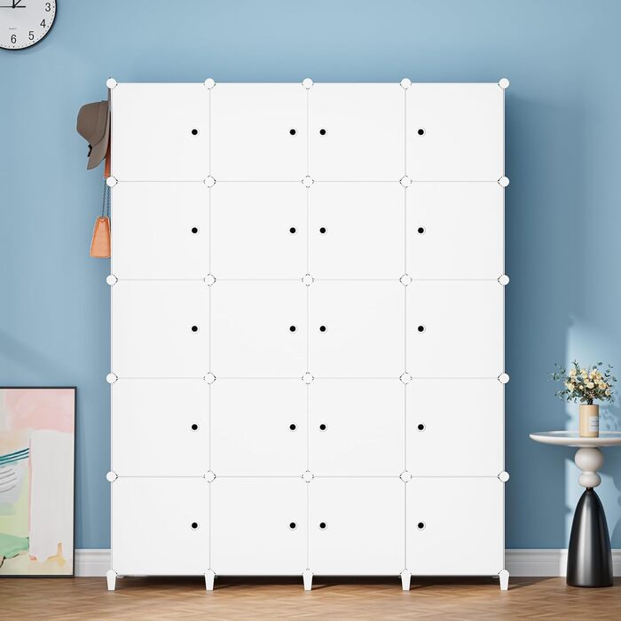 HOMIDEC Wardrobe, Portable Shelving System, 20-Cube Closet Organizer made of Plastic with 2 Clothes Rods, Bedroom Wardrobe Closet White for Bedroom, 180 x 142 x 45cm