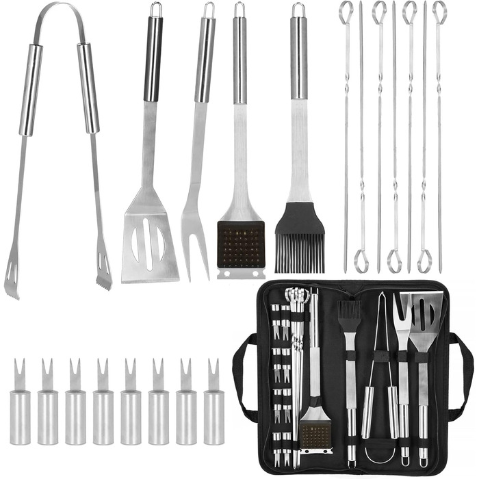 Набір для гриля SPRINGOS 5 предметів з нержавіючої сталі: щипці, лопатка, ніж, виделка, пензлик + сумка для зберігання