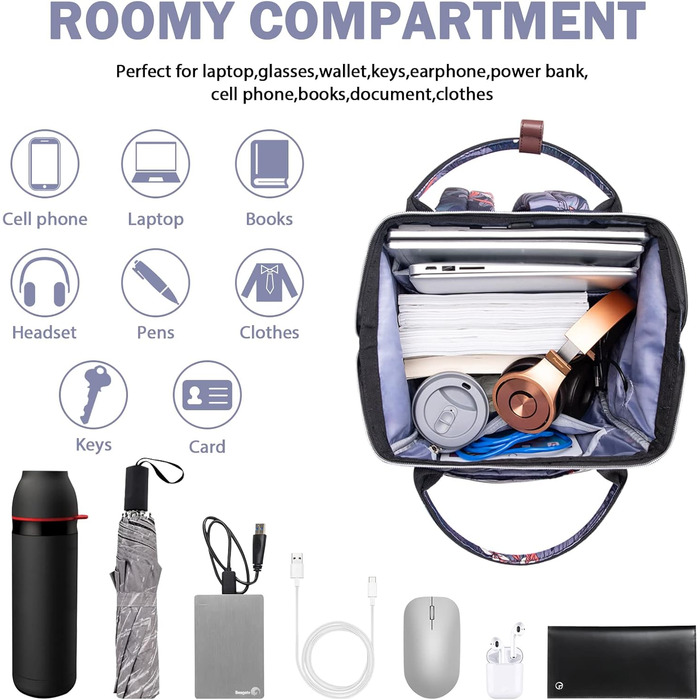 Рюкзак для ноутбука Vankean для жінок, 15.6-16.2 дюйми, з USB-портом, водонепроникний, для роботи/школи/подорожей, квітковий дизайн, темно-синій/червоний