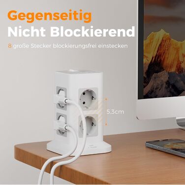 Розподільник розеток TESSAN з 8 розеток, 2 USB-C, захистом від перенапруги, 4 USB, вимикачем та кабелем 2м (сірий/білий)