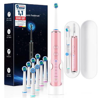 Електрична зубна щітка з круглою головкою 50000 рухів/хв, 8 насадок, 3 режими інтенсивності, 5 режимів чищення, 120 днів роботи від акумулятора, IPX7, доросла та дитяча (Рожева, 1 комплект)