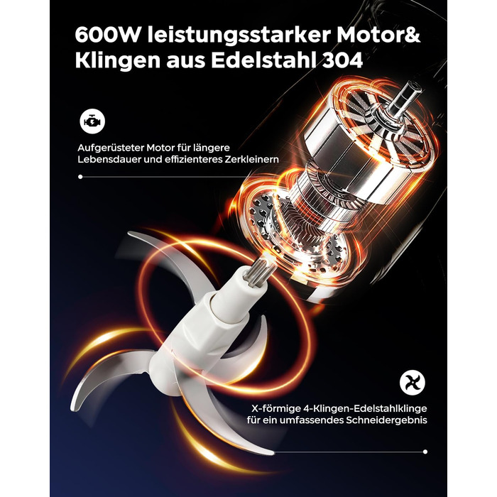 Електричний подрібнювач м'яса Bear 2L+1.8L з функцією м'ясоподрібнювача, 600W, 2 швидкості, зі скляною та нержавіючою сталлю, 4 леза, для м'яса, дитячого харчування, фруктів та овочів