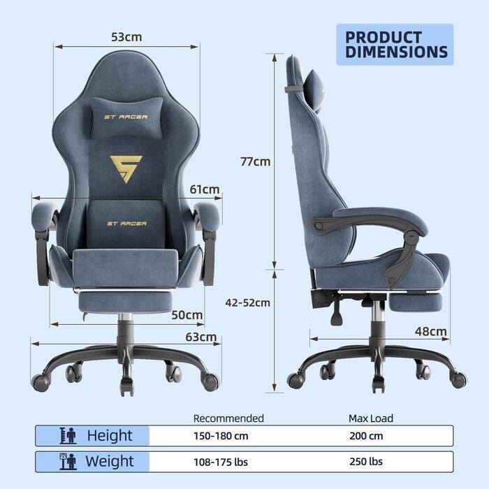 Геймерське крісло Ferghana Ergonomischer з підголівником та підтримкою спини, сталево-синій, для роботи та ігор, тканинне, високої якості