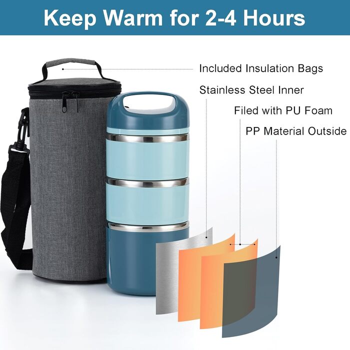 Ланчбокс Lille Home з нержавіючої сталі 1.43л, 3-рівневий, ізольований, без BPA, для їжі на виніс, підходить для жінок та чоловіків (блакитний)