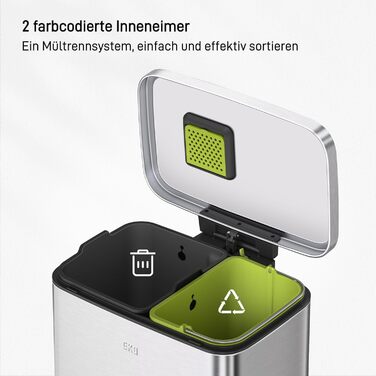 Відро для сміття EKO Madison 30L з висувним контейнером, м'яким закриттям кришки, стійке до відбитків пальців, нержавіюча сталь, прямокутне, з 20 мішками для сміття (25L+20L)