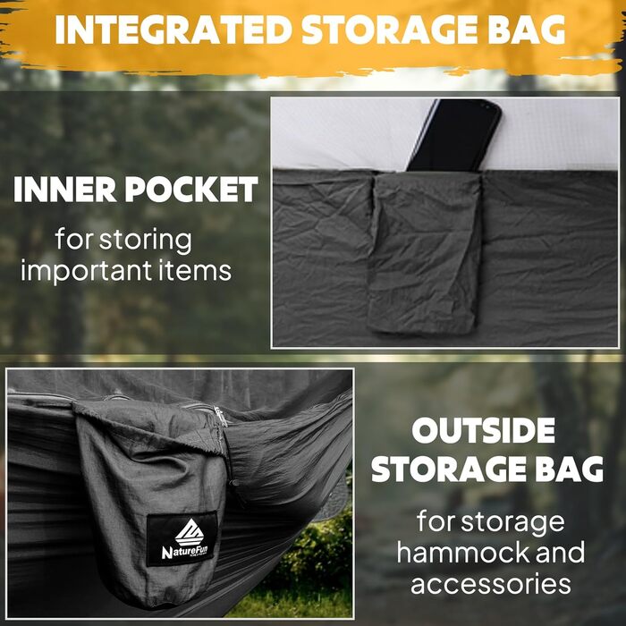 Гамак для кемпінгу NatureFun з москітною сіткою | Макс. навантаження 300 кг, 290 x 140 см | Швидковисихаючий нейлон, повний комплект, чорний