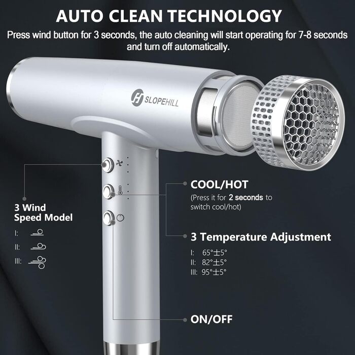 Іонізатор для волосся Slopehill, 110 000 обертів/хв, швидке сушіння, магнітний дифузор, тиха робота, біокераміка, для дому, подорожей, салону (світло-сірий)