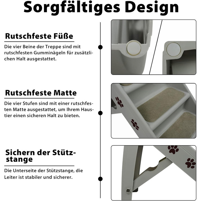 Froadp 49x38x61cm Folding Stairs for Dogs Made of Plastic, Folding Dog Steps with 4 Steps & Felt Mat, Non-Slip Cat Stairs, Bed, Balcony, Sofa, Portable Pet Stairs for Dogs and Cats (Grey)