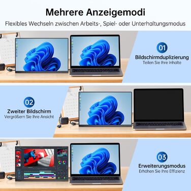 Портативний монітор 15.6' FHD IPS з динаміками та підставкою, ультратонкий додатковий екран для ноутбука/ПК/Mac - USB-C & HDMI, з захисним чохлом, матовий чорний 15.6