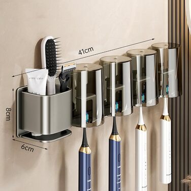 UUE Toothbrush Holder, 4 Compartments Toothbrush Holder Electric Toothbrush Holder for Toothbrushes and Rinse Cups, Stainless Steel Toothbrush Holder with 4 Cups, No Drilling, Self-Adhesive, for Bathroom
