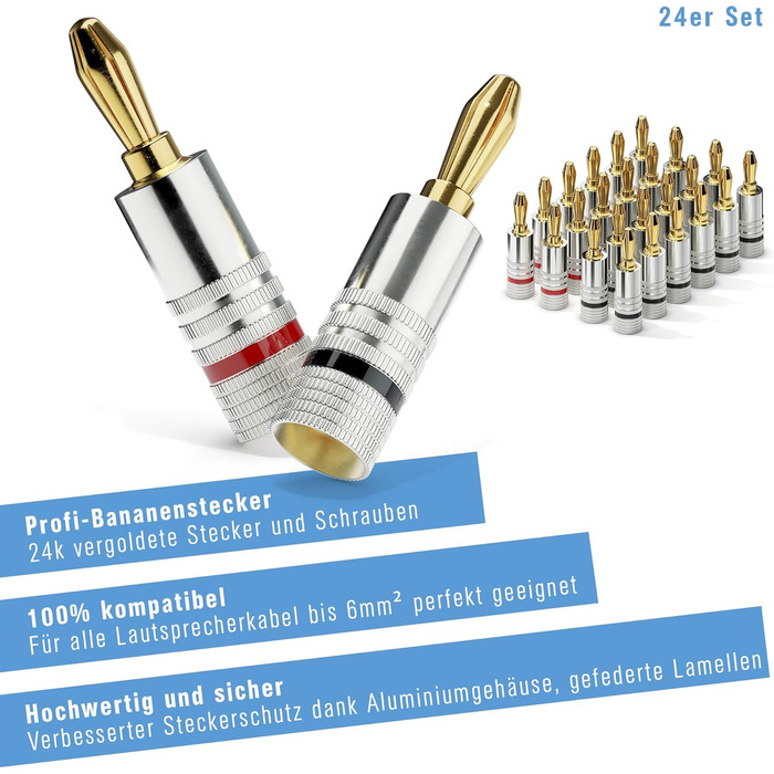 Набір позолочених бананових роз'ємів Sonero S-SC000-24 (24 шт), для акустичних кабелів до 6мм², High-End, червоні та чорні