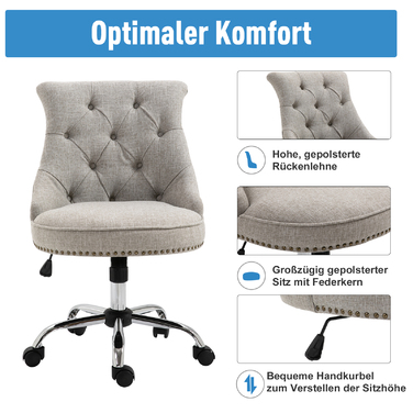 HOMCOM Swivel Upholstered Chair Ergonomic Office Chair Height Adjustable Retro Design Up to 150 kg Linen Light Grey 54x65.5x84-91 cm
