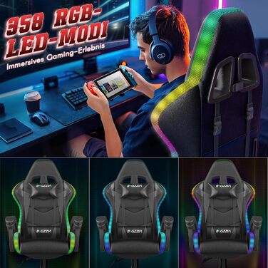 Ігровий стілець Racingreat RGB з підсвічуванням, підголівником та підтримкою попереку, регульований кут нахилу, для дітей та дорослих, чорний