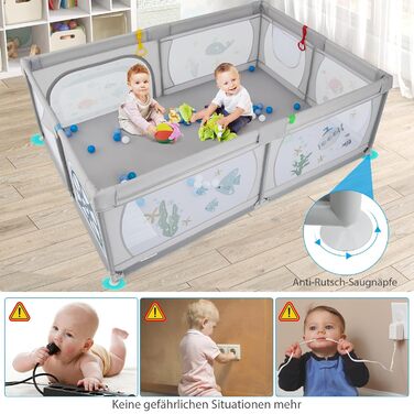COSTWAY 205 x 147cm Playpen Baby foldable, Play Yard with 50 Balls, 2 Doors, Side Pocket, Breathable Mesh & Zipper, Playpen Tent for Infants & Toddlers (Gray-Fish) Gray-Fish Without Mattress