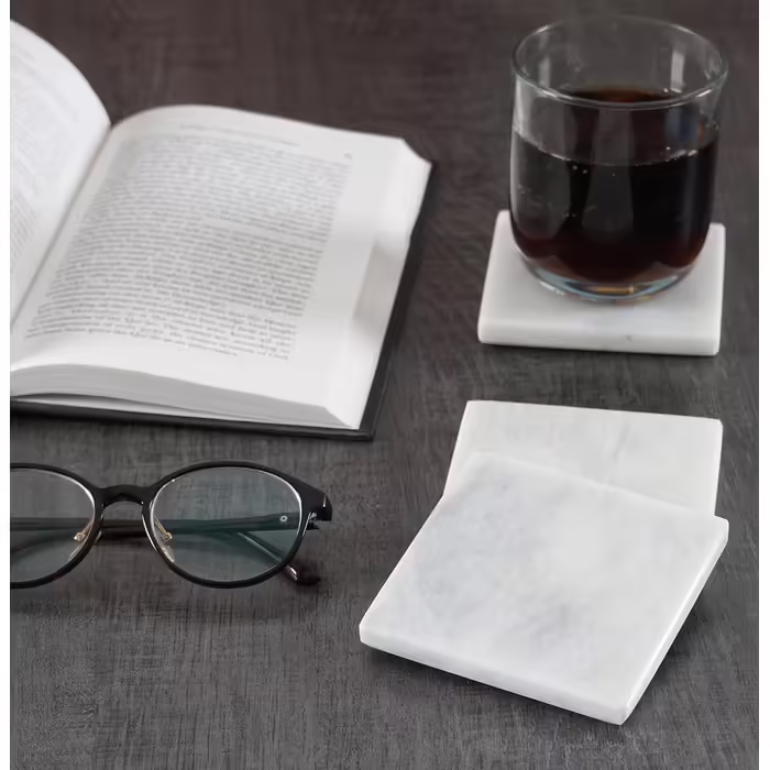 Set of 6 white, handcrafted marble coasters, 8.9 cm, for bar drinks and coffee cups, square coaster set for kitchen – ideal pot mat, coasters, plates – no wood