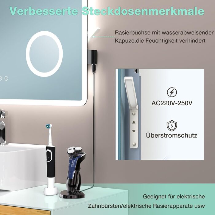 LED дзеркало для ванної кімнати 80x60 см з підсвічуванням, 3 кольори, регулювання яскравості, антизапарник, годинник, 3x збільшення, розетка