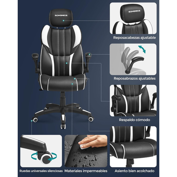Крісло офісне SONGMICS, геймінгове, регульована підголовник, функція гойдання, регульовані підлокітники, універсальні ролики, регулювання висоти, OBG65BK (чорно-біле)