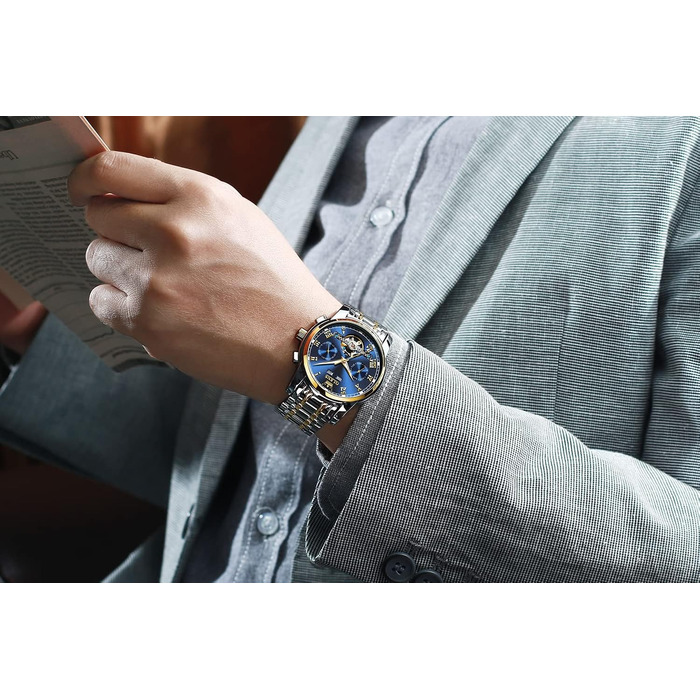 Годинник чоловічий OLEVS Automatik Gold чорний з турбійоном, календарем, водонепроникний, світловий, двоколірний, чоловічий, синій/золотий