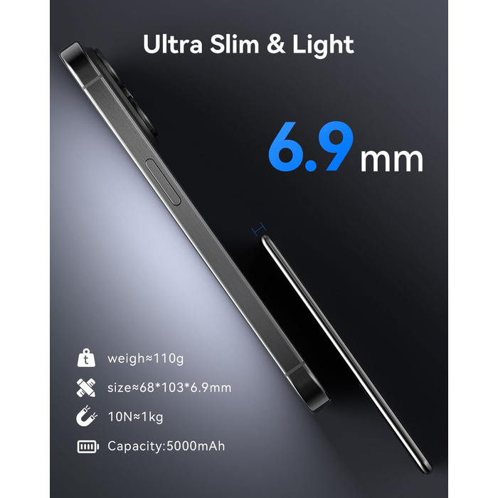 Power Bank Ultra Slim MagSafe 5000mAh PD20W для iPhone: захисний кейс з магнітним кріпленням (Чорний)