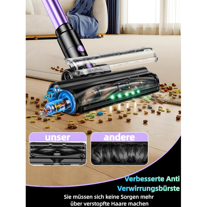 Бездротовий акумуляторний пилосос 45000 Па/500 Вт/45 хв з LED-дисплеєм та щіткою проти намотування, висувний шланг 73 см для твердих поверхонь, килимів, шерсті тварин, фіолетовий