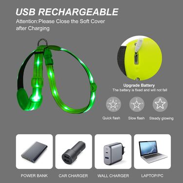 Світлодіодне обіднє повіддя для собак, світловідбиваючий, м'який, регульований, перезаряджуваний (зелений, середній)