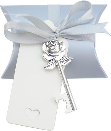 Aokbean 50pcs Wedding Key Bottle Openers Vintage Rose Flower Shape Gifts for Guest Gift Set with Candy Boxes, Thank You Tags and Ribbon (Antique Silver)