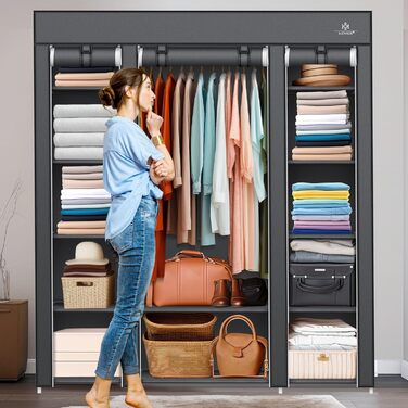 KESSER® Wardrobe Fabric Closet, Stable with Clothes Rail & Shelves, Incl. 5x Clothes Hangers, Fabric Folding Closet for Bedroom, Dressing Room Wardrobe with Clothes Rack 150x45x175cm Anthracite