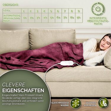 Електрична гріюча ковдра Sinnlein® з плюшу 200x180 см | 9 температурних режимів, таймер, автовимкнення | Зручна ковдра, прання до 40°C, цифровий дисплей, бордовий колір