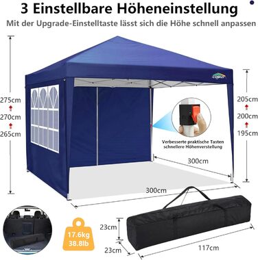 COBIZI Pavilion 3x3 Waterproof Folding Pavilion with 4 Side Panels Outdoor Folding Pavilion Stable UV Protection 50+ Pop-Up Garden Pavilion Party Tent for Outdoors, Garden, Party, Wedding, Market (3x3m Navy Blue)