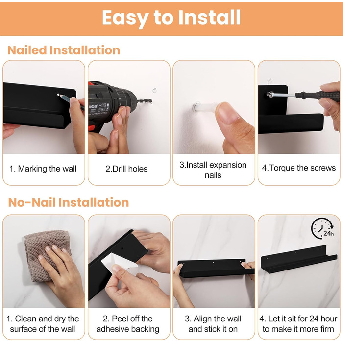 Настінні полиці Upsimples, 4 шт., білі, без свердління, 38x10 см, для ванної, спальні, кухні