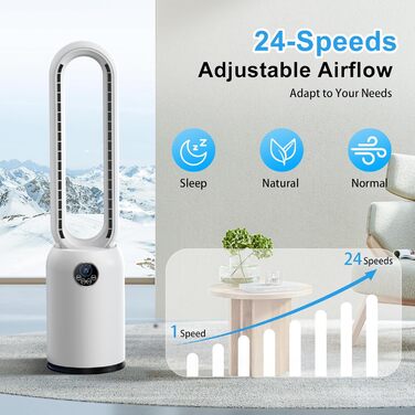 Безлопатий вентилятор з дистанційним керуванням, тихий, з LED-дисплеєм, 90° гойдання, 24 швидкості, 12H таймер, підлоговий вентилятор для дому (білий)
