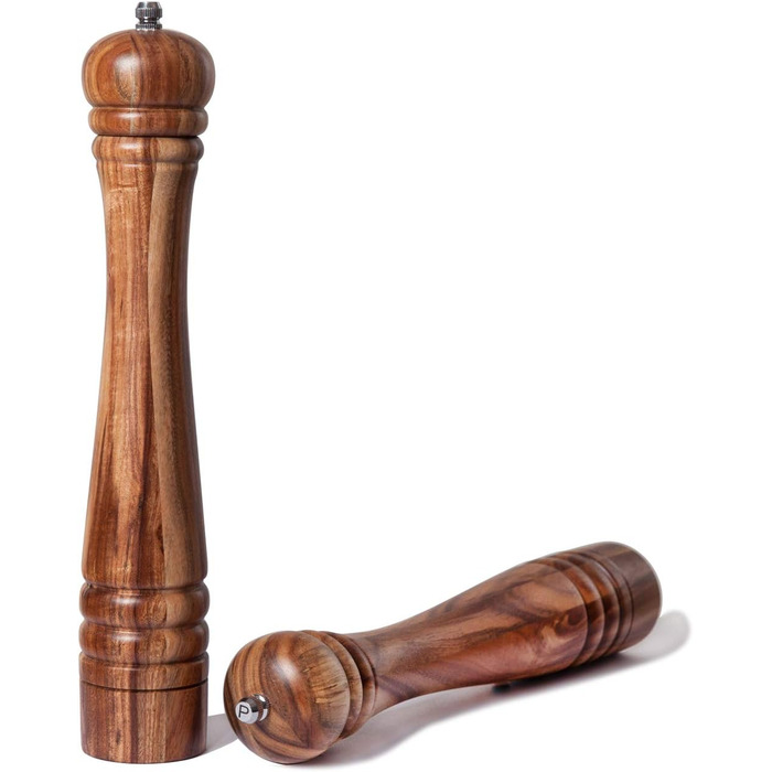 DeroTeno Salt and Pepper Mill Set, 2-Piece Spice Mill Set, Salt and Pepper Mills made of Acacia Wood with Ceramic Grinder, H 30 cm