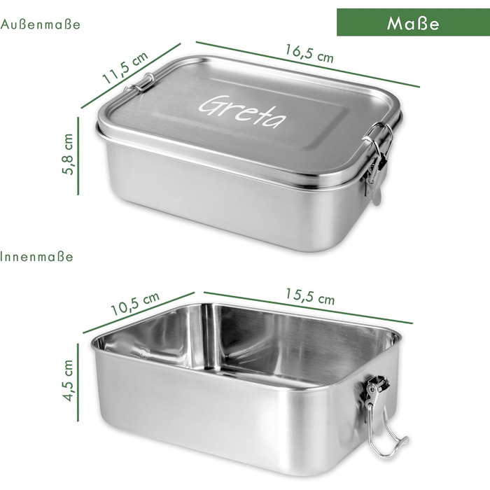 LOOXIS Personalized Stainless Steel Lunchbox with Name & Text Engraved – 800 ml, including compartment divider, leak-proof, Bento Box, lunchbox – Gift idea for children, starting school, work - M