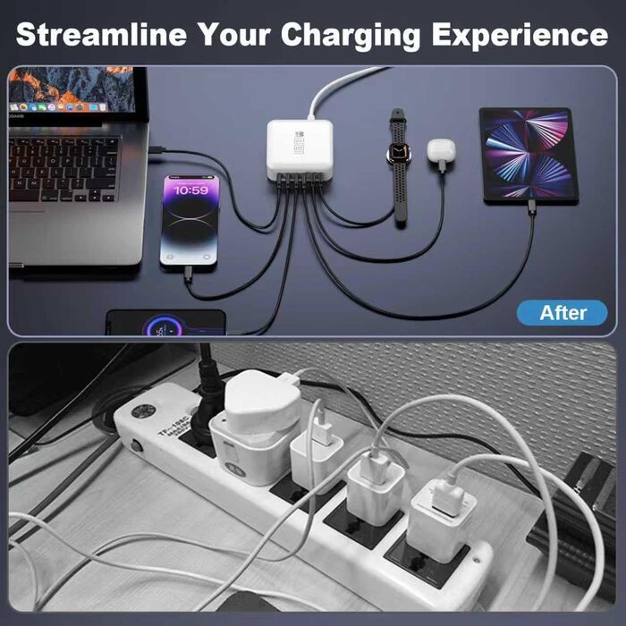 Швидкий зарядний пристрій USB-C GaN Hub 120W, 6 портів для iPad, iPhone 17/16/15/14/13/12 Pro Max, Samsung Galaxy S23 - Білий