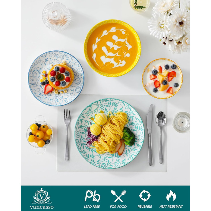 Набір посуду Vancasso Selene на 6 осіб, 24 елементи: тарілки, супові тарілки, миски, десертні тарілки з пастельного порцеляну. Підходить для мікрохвильової печі.