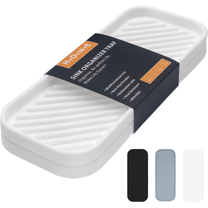 Тримач для мила з силікону для раковини, органайзер для кухні, ванної, туалетного столика, столу, зберігання губки, мила, щітки, макіяжу, пляшки, довговічний, 2 шт (23.5 x 9.5 x 1.4 см, Білий)