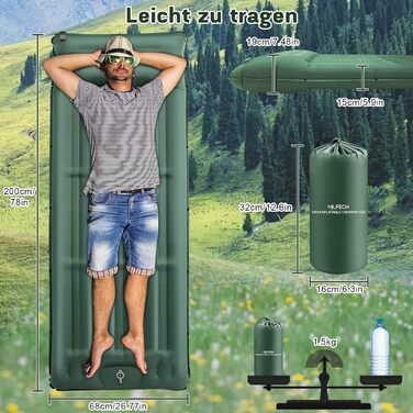 MILFECH Килимок для кемпінгу самонадувний, 14 см, з інтегрованими подушками та насосом для ніг, ультралегкий, водонепроникний, для відпочинку на природі, туризму, зелений