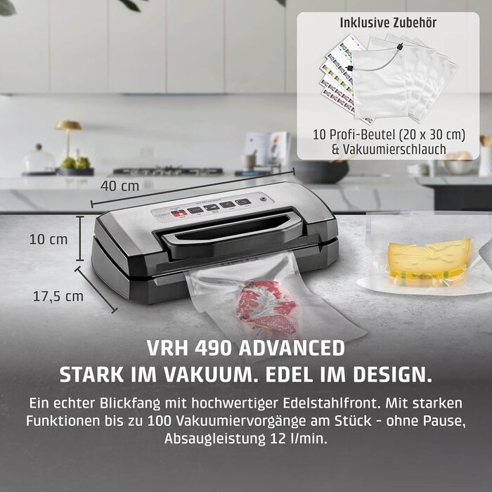 CASO VRH 490 Advanced: Професійний вакуумний пакувальник з камерою, 10 фольгованих пакетів