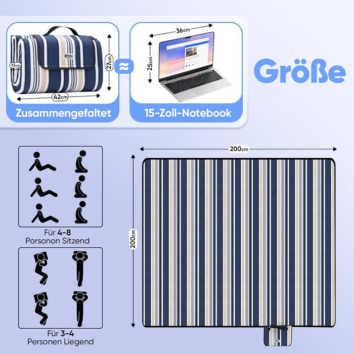 Плед для пікніка Sekey 200x200 см, водовідштовхувальний, для пляжу, кемпінгу, з PEVA-підкладкою, блакитно-біло-бежевий в смужку