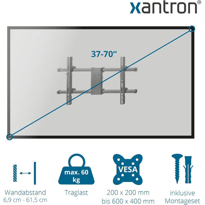 Кронштейн для ТБ Xantron® Strongline похилий 37-75 дюймів, VESA 100x100 - 600x400, до 75 кг, мінімальна відстань від стіни + комплект кріплень