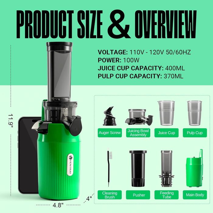 Ventray Ginnie Juicer - Slow Juicer with 60 RPM Low Speed, Juicer for Vegetables and Fruit with Reverse Function and Two Filter Sizes, BPA Free Electric Fruit Press, Green Parrot