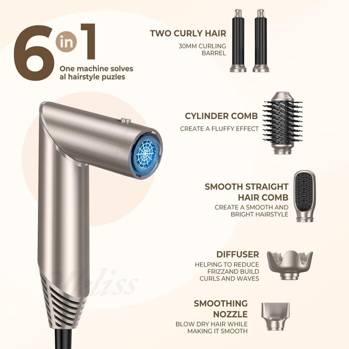 UKLISS 6-в-1 Airstyler: Фен-щітка, локони, укладка, іонізація 60 000 U/min, золотий