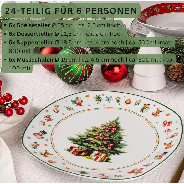 SÄNGER Tafelservice Bilgola: 18-Piece White Dish Set for 6 - Premium Porcelain Dinnerware Set with Soup, Dessert & Dinner Plates | Christmas Design