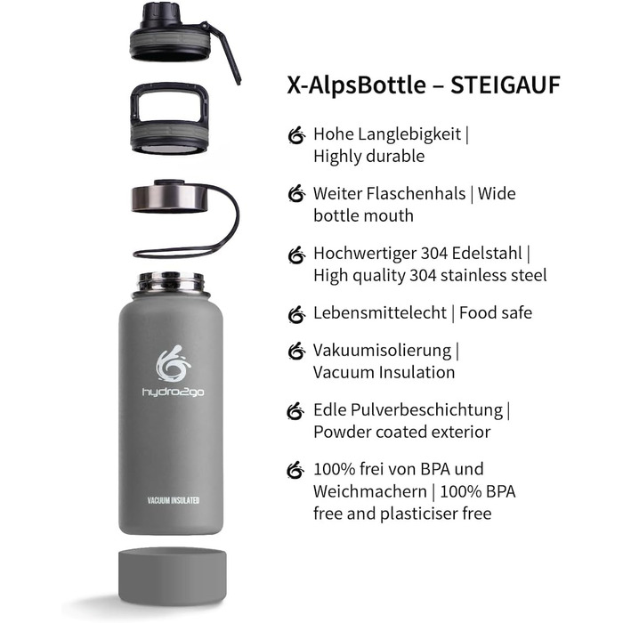 Термофляга Hydro2Go Edelstahl X-AlpsBottle 1000 мл, сіра, з 3 кришками, вакуумна ізоляція