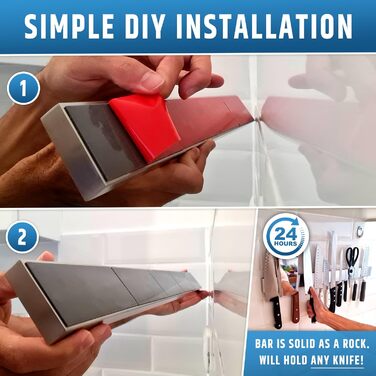 Strong Adhesive (No Drilling) Magnetic Knife Holder for Wall – Professional 24 Inch Knife Strip – No Screws Required – Self-Adhesive Backing – Stainless Steel Knife Rail