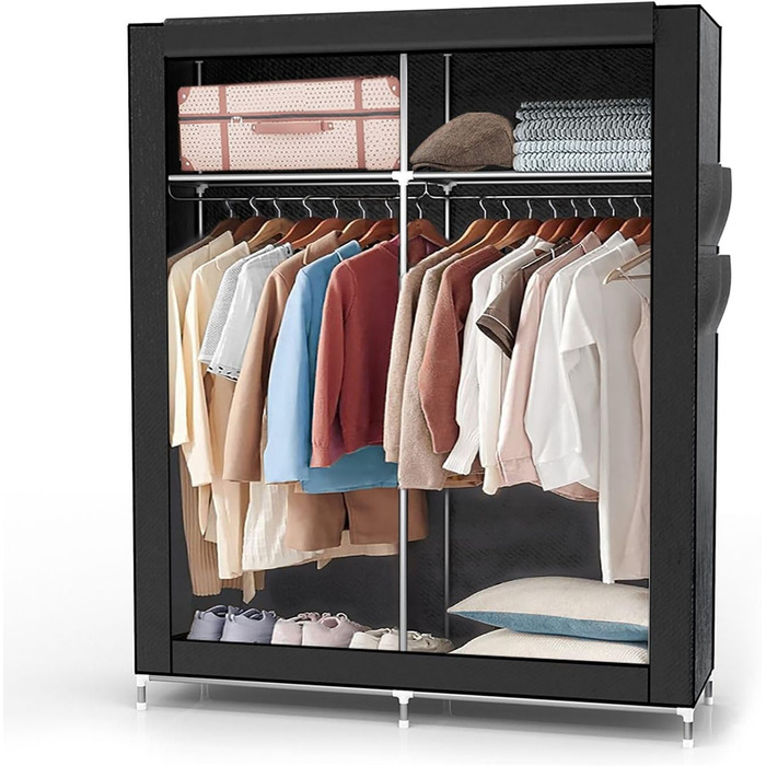 INTIRILIFE Folding Wardrobe 108x170x45 cm in Raven BLACK - Fabric Clothes Closet with Zipper and Clothes Rail, Side Pocket and Compartments - Shelf Unit, Metal Frame, Storage