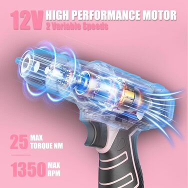 Набір інструментів Sundpey 206tlg з акумуляторною дрилем 12V для ремонту вдома та DIY, рожевий