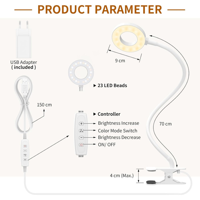 iZELL LED лампа для читання з регулюванням яскравості - 10 рівнів, гнукий 70см штанга, USB-зарядний пристрій, 3 режими, захист очей, для ліжка/столу