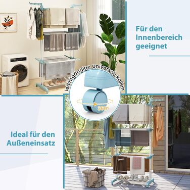 Сушарка для білизни COSTWAY 4-рівнева з колесами, розкладна, з 2 обертовими крилами, висувна, для дому та вулиці (світло-блакитна)