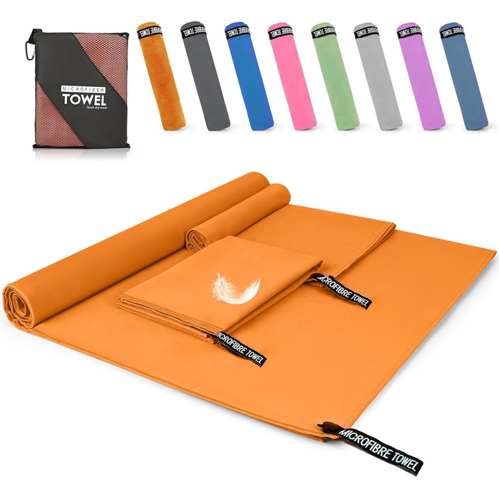 Набір з 3 рушників з мікрофібри, 180x80 см + 2 рушники 80x40 см, для фітнесу, сауни, пляжу, подорожей, темно-зелений (оранжевий)